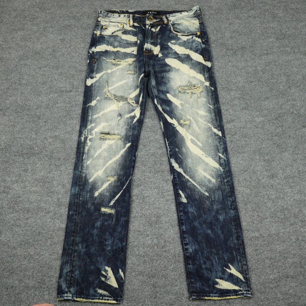 AKOO Jeans Mens 34 Blue Distressed Bleach Splatter Straight Leg Streetwear
